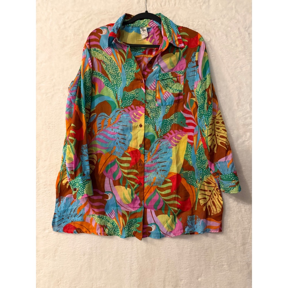 Violet Sky Tropical Parrot Monstera Print Shirt Womens Large L Long Sleeve Multi
